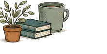 Una planta junto a una pila de libros y una taza.