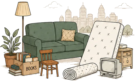 Ein Sofa, eine Matratze, eine Stehlampe, eine Topfpflanze, ein Stuhl, eine Kiste Bücher, ein zusammengerollter Teppich, ein Fernseher und ein Nachttisch, zusammengestellt.